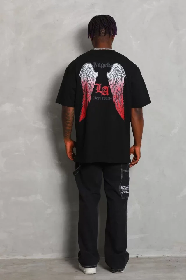 Unisex Oversize Baskılı Bisiklet Yaka T-Shirt – Siyah