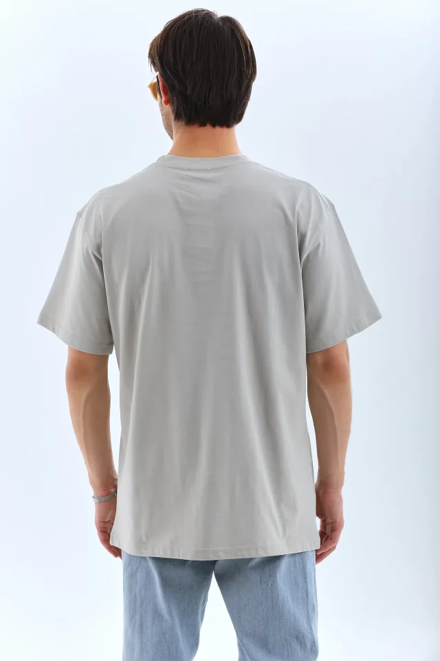 Unisex Oversize Taşlı Bisiklet Yaka T-Shirt – Gri