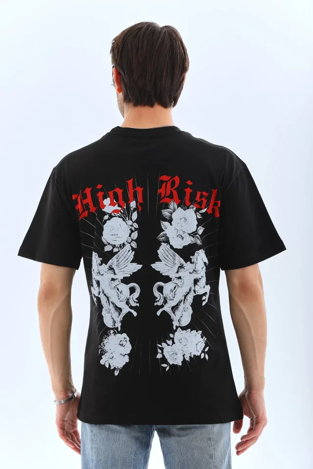 Unisex Oversize Baskılı Bisiklet Yaka T-Shirt – Siyah