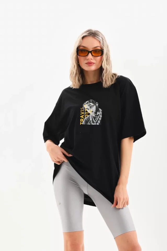 Unisex Baskılı Oversize T-Shirt – Siyah