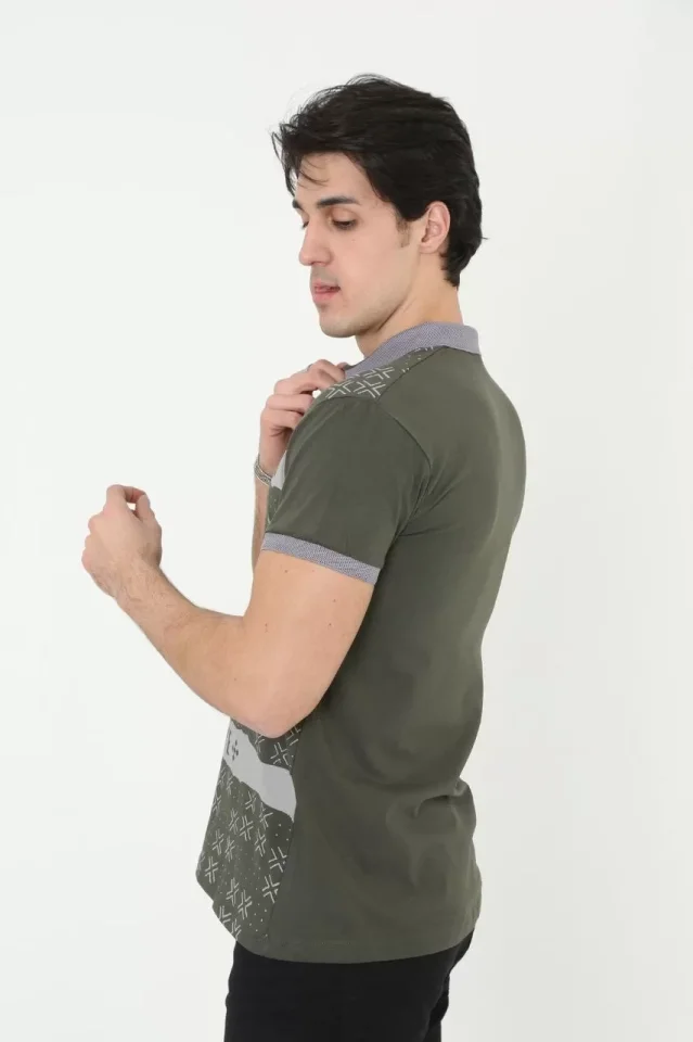 Erkek Yakalı Slim Fit Baskılı T-Shirt - Haki - Görsel 3