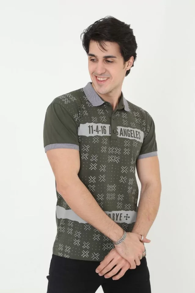 Erkek Yakalı Slim Fit Baskılı T-Shirt - Haki - Görsel 4