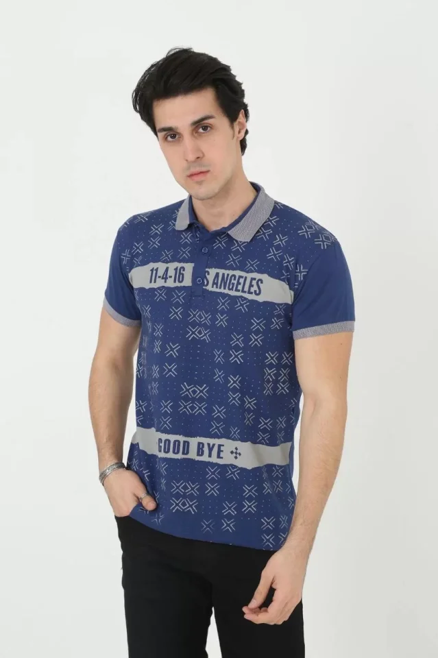 Erkek Yakalı Slim Fit Baskılı T-Shirt - Mavi - Görsel 3