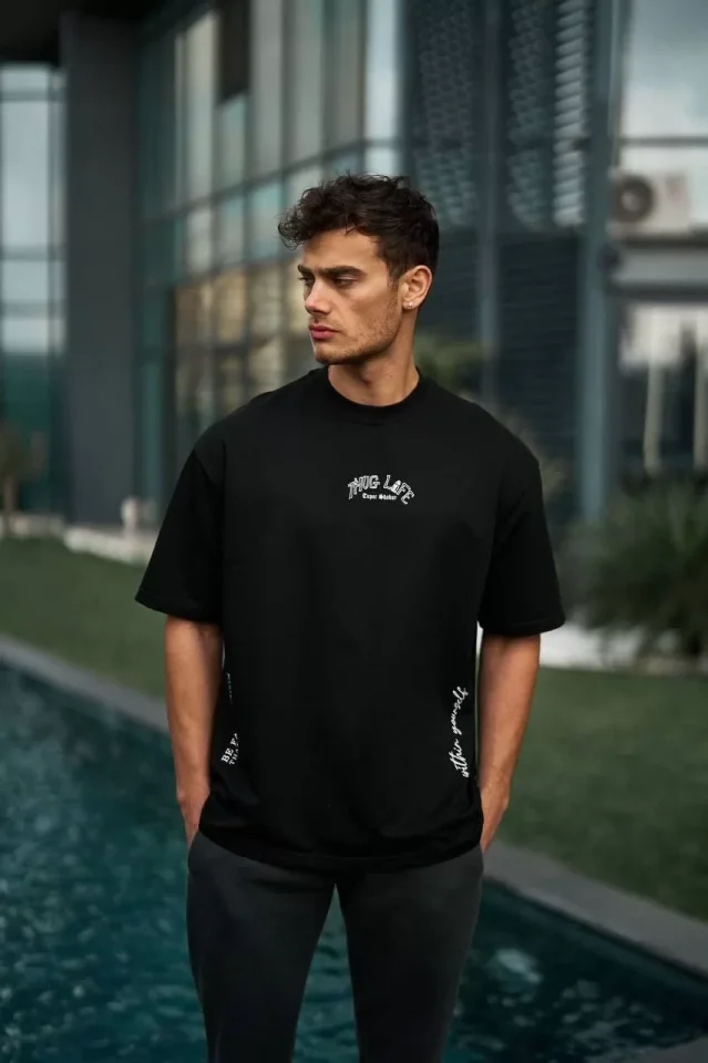 Unisex Baskılı Oversize T-Shirt - Siyah - Görsel 3