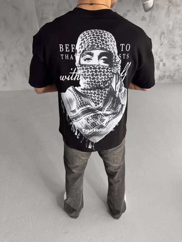 Unisex Baskılı Oversize T-Shirt - Siyah - Görsel 4