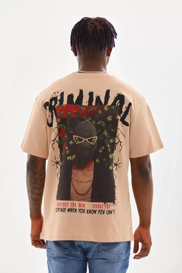 Unisex Baskılı Oversize T-Shirt – Bej