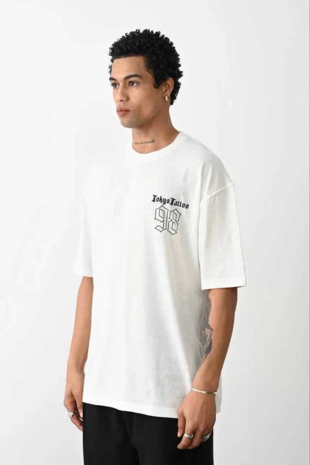 Unisex Baskılı Oversize T-Shirt – Beyaz