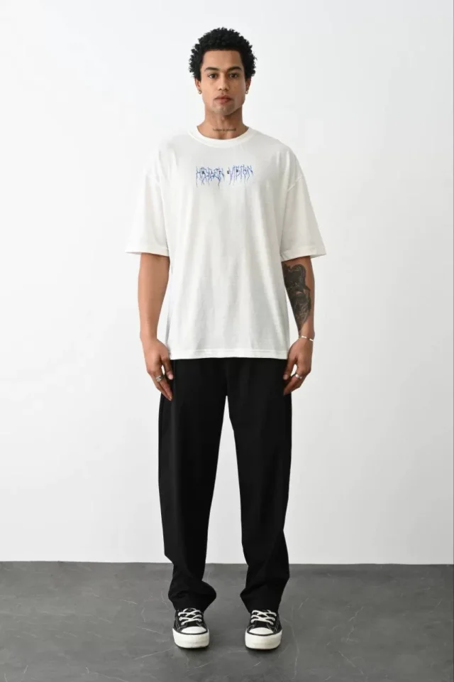 Unisex Baskılı Oversize T-Shirt - Beyaz - Görsel 3
