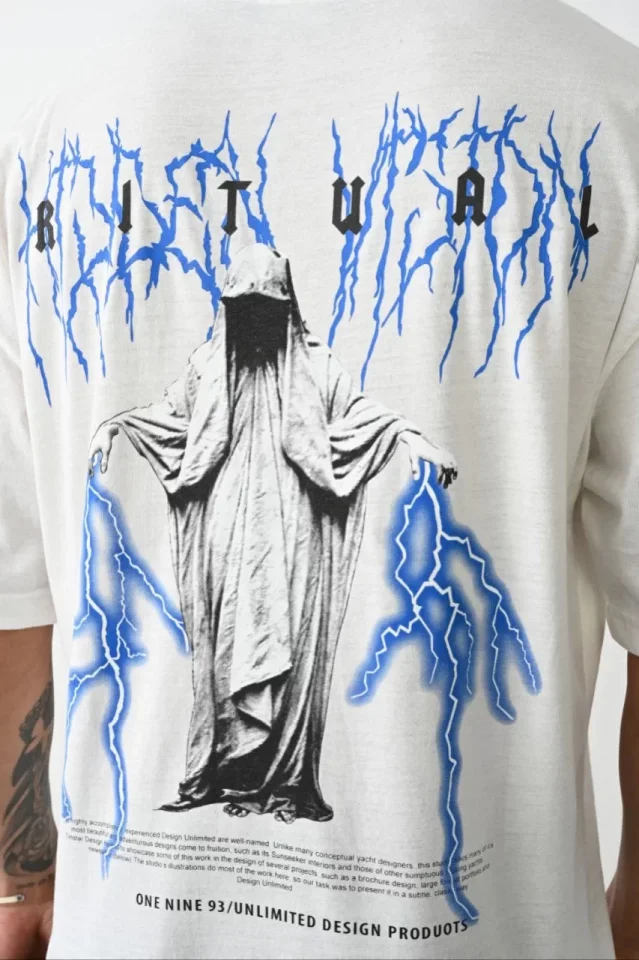 Unisex Baskılı Oversize T-Shirt - Beyaz - Görsel 4