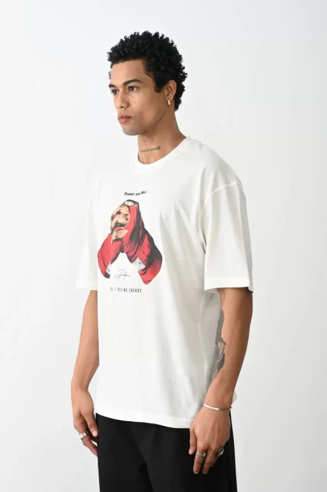 Unisex Baskılı Oversize T-Shirt – Beyaz
