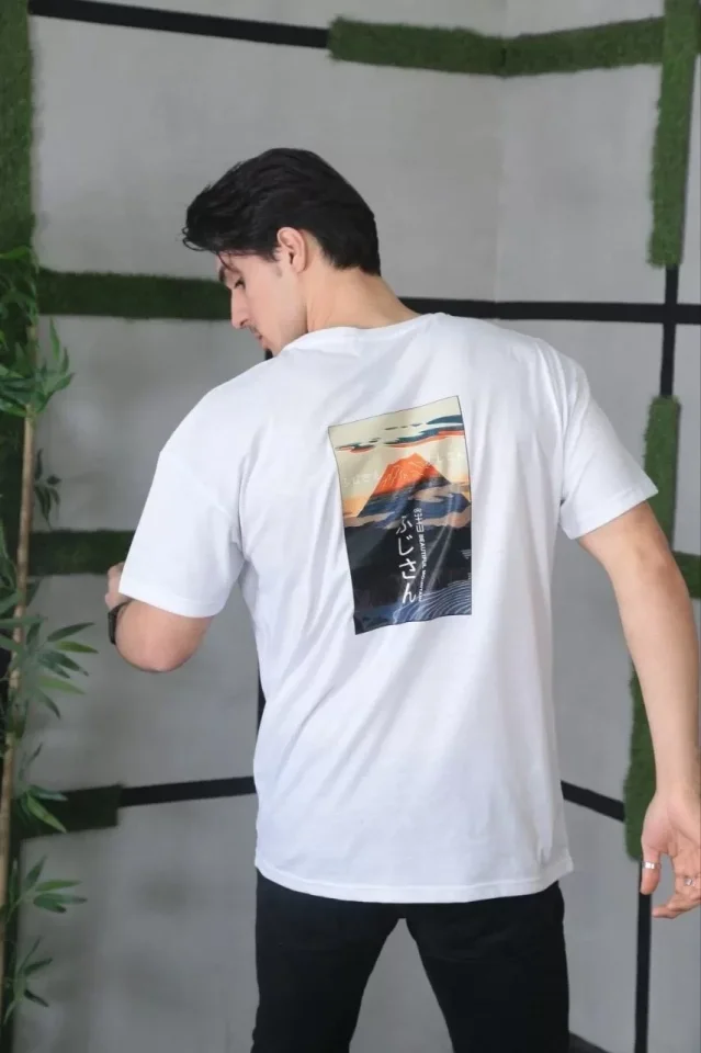 Unisex Bisiklet Yaka Baskılı Oversize T-Shirt - Beyaz - Görsel 3