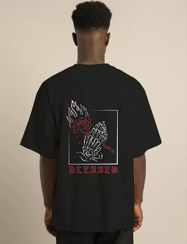 Unisex Bisiklet Yaka Oversize Baskılı T-Shirt – Siyah