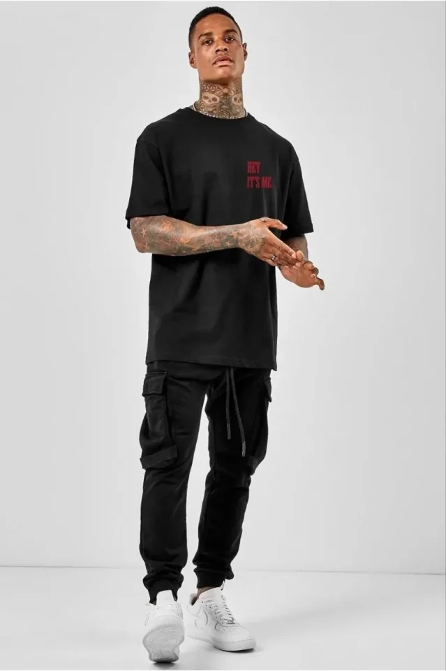Unisex Bisiklet Yaka Oversize Baskılı T-Shirt – Siyah