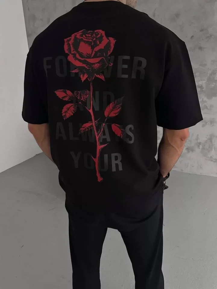 Unisex Bisiklet Yaka Baskılı Oversize T-Shirt – Siyah