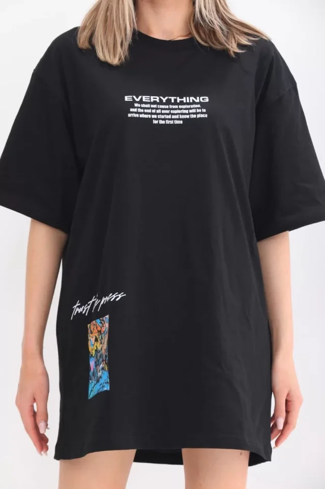 Unisex Bisiklet Yaka Baskılı Oversize T-Shirt – Siyah
