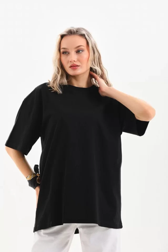 Unisex Bisiklet Yaka 20/1 Düz Oversize T-Shirt - Siyah - Görsel 2