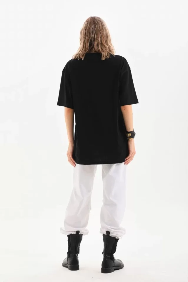 Unisex Bisiklet Yaka 20/1 Düz Oversize T-Shirt - Siyah - Görsel 4
