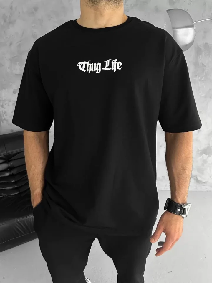 Unisex Bisiklet Yaka Baskılı Oversize T-Shirt – Siyah
