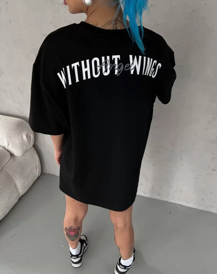 Unisex Bisiklet Yaka Baskılı Oversize T-Shirt – Siyah
