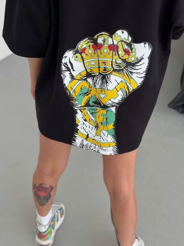 Unisex Bisiklet Yaka Baskılı Oversize T-Shirt - Siyah - Görsel 3