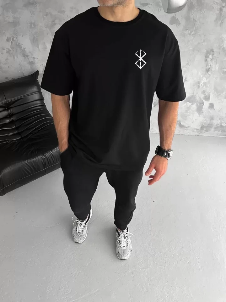 Unisex Bisiklet Yaka Baskılı Oversize T-Shirt – Siyah