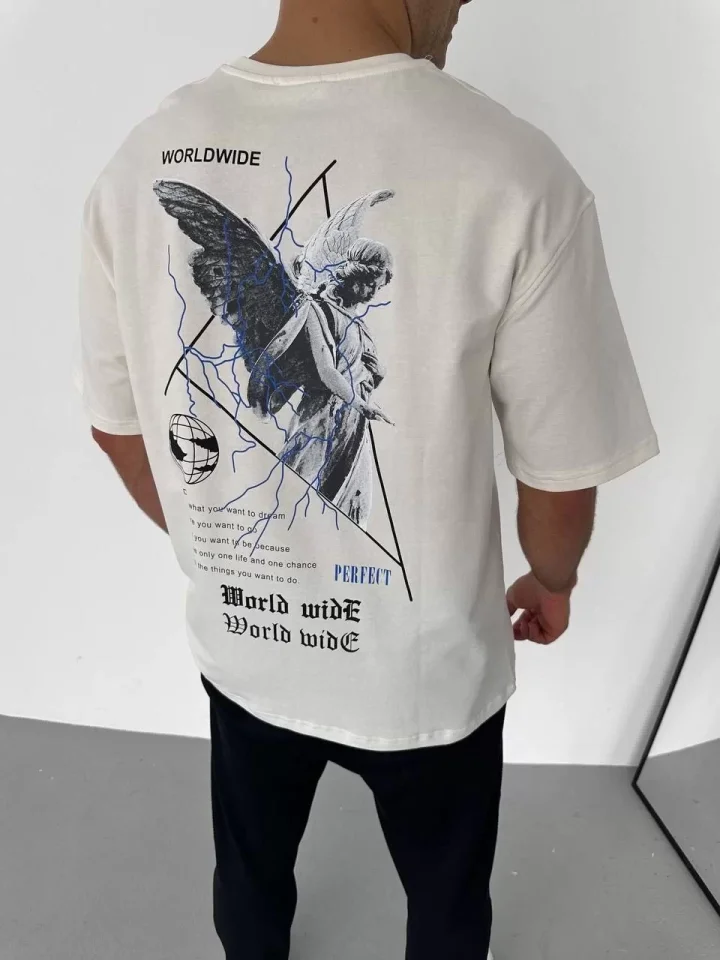 Unisex Bisiklet Yaka Baskılı Oversize T-Shirt – Beyaz