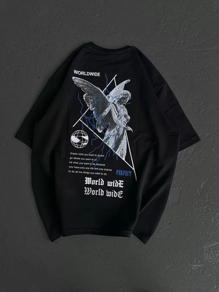 Unisex Bisiklet Yaka Baskılı Oversize T-Shirt – Siyah