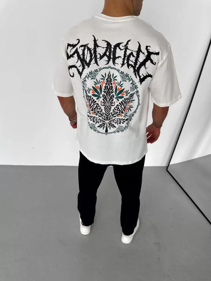 Unisex Bisiklet Yaka Baskılı Oversize T-Shirt - Beyaz - Görsel 3