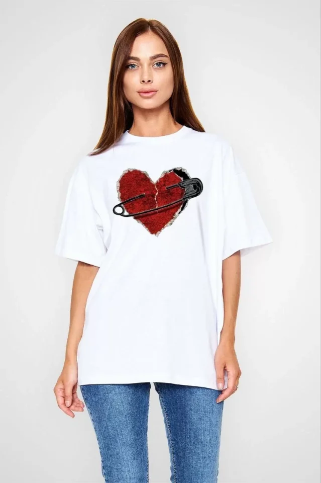 Unisex Bisiklet Yaka Baskılı Oversize T-Shirt – Beyaz