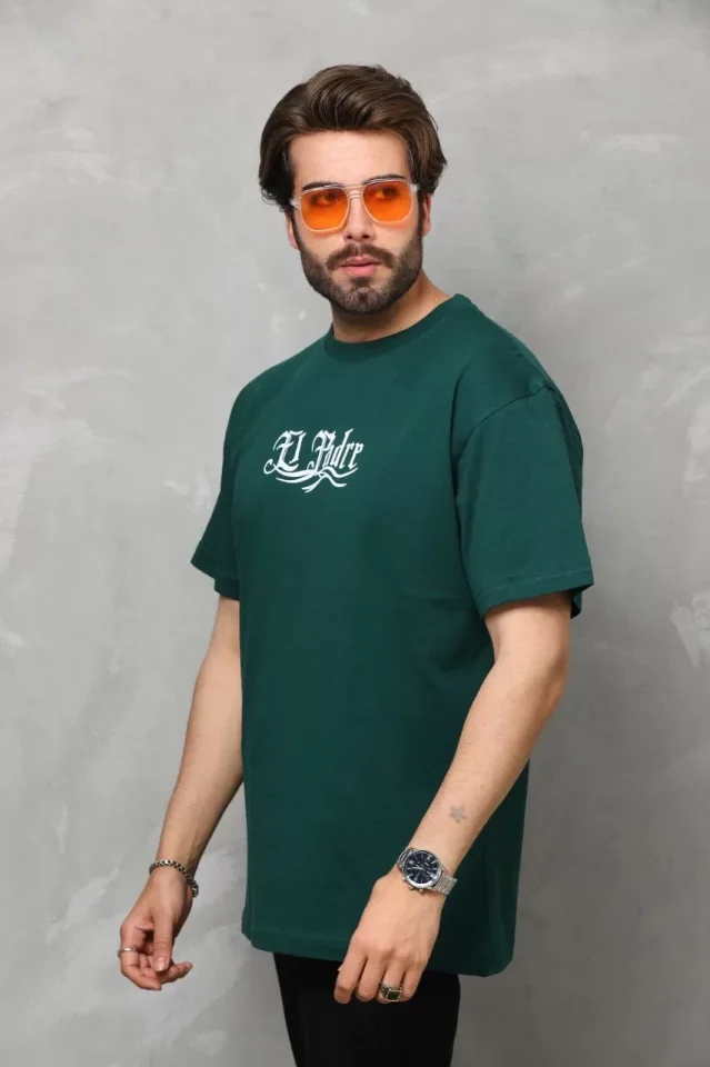 Unisex Bisiklet Yaka Baskılı Oversize T-Shirt - Yeşil - Görsel 4