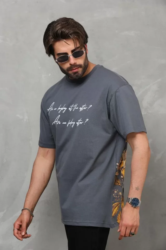 Unisex Bisiklet Yaka Baskılı Oversize T-Shirt - Füme - Görsel 3