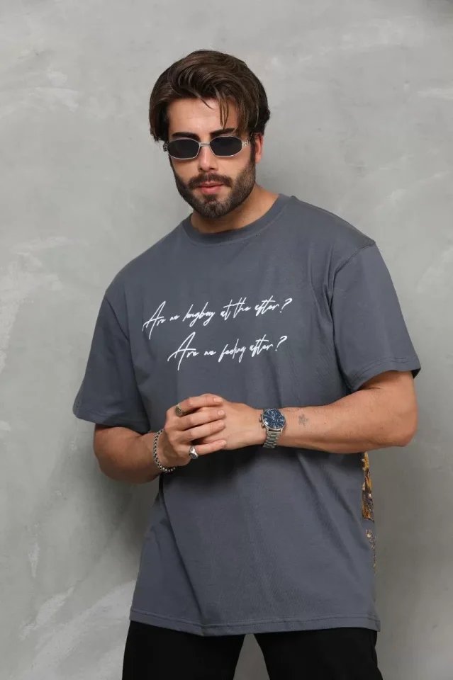 Unisex Bisiklet Yaka Baskılı Oversize T-Shirt - Füme - Görsel 4