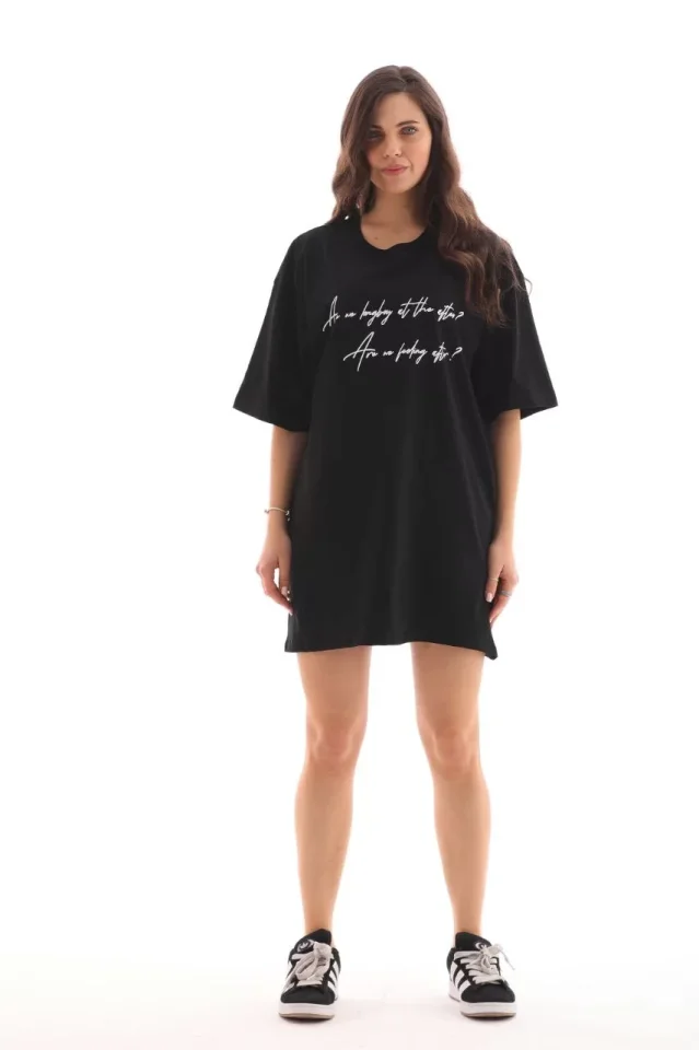 Unisex Bisiklet Yaka Baskılı Oversize T-Shirt - Siyah - Görsel 3