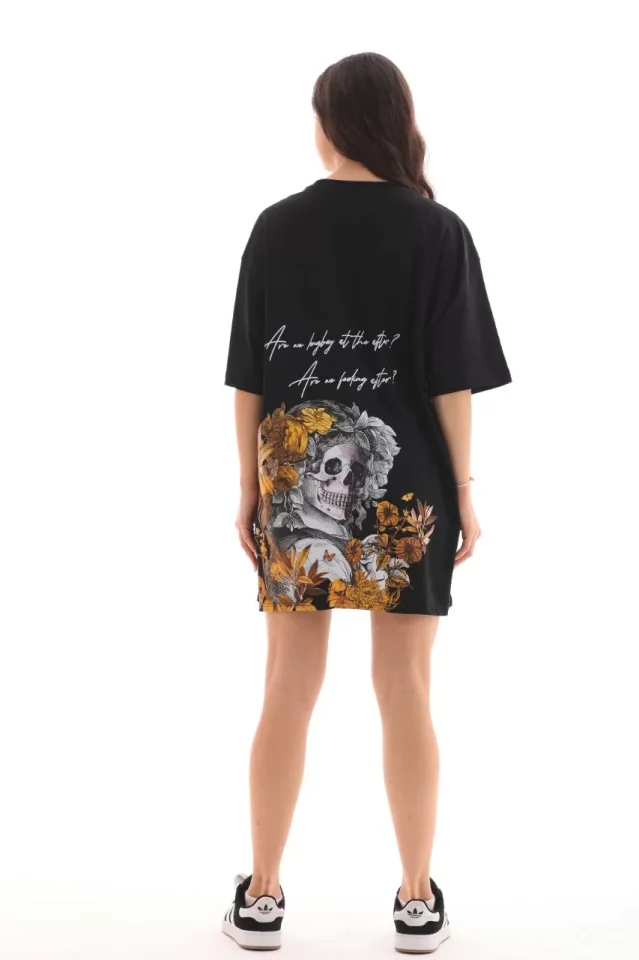 Unisex Bisiklet Yaka Baskılı Oversize T-Shirt - Siyah - Görsel 4