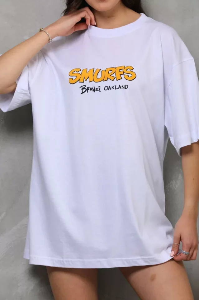 Unisex Bisiklet Yaka Baskılı Oversize T-Shirt - Beyaz - Görsel 3