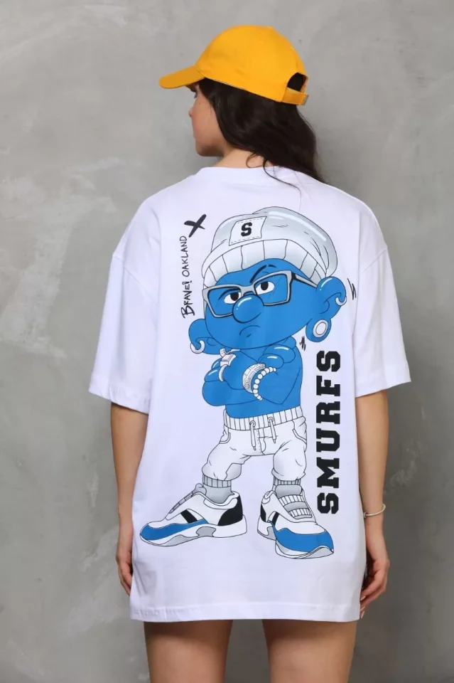 Unisex Bisiklet Yaka Baskılı Oversize T-Shirt - Beyaz - Görsel 4