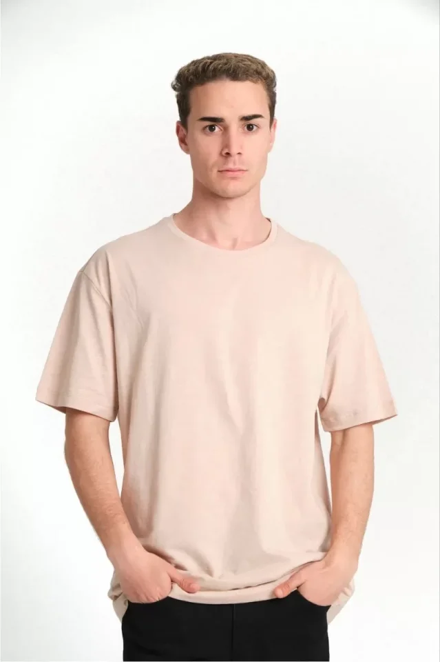 Unisex Düz Biskilet Yaka Oversize T-shirt - Bej - Görsel 2