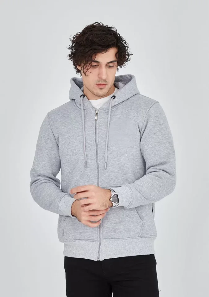 Unisex Tam Fermuarlı Kapşonlu SweatShirt – Gri