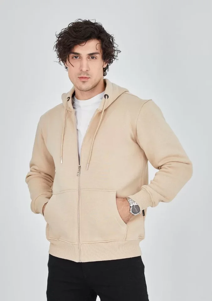 Unisex Tam Fermuarlı Kapşonlu SweatShirt – Bej