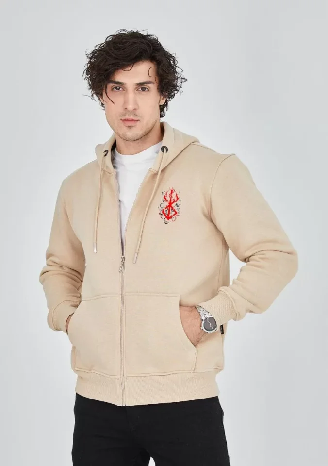 Unisex Baskılı Tam Fermuarlı Kapşonlu SweatShirt – Bej