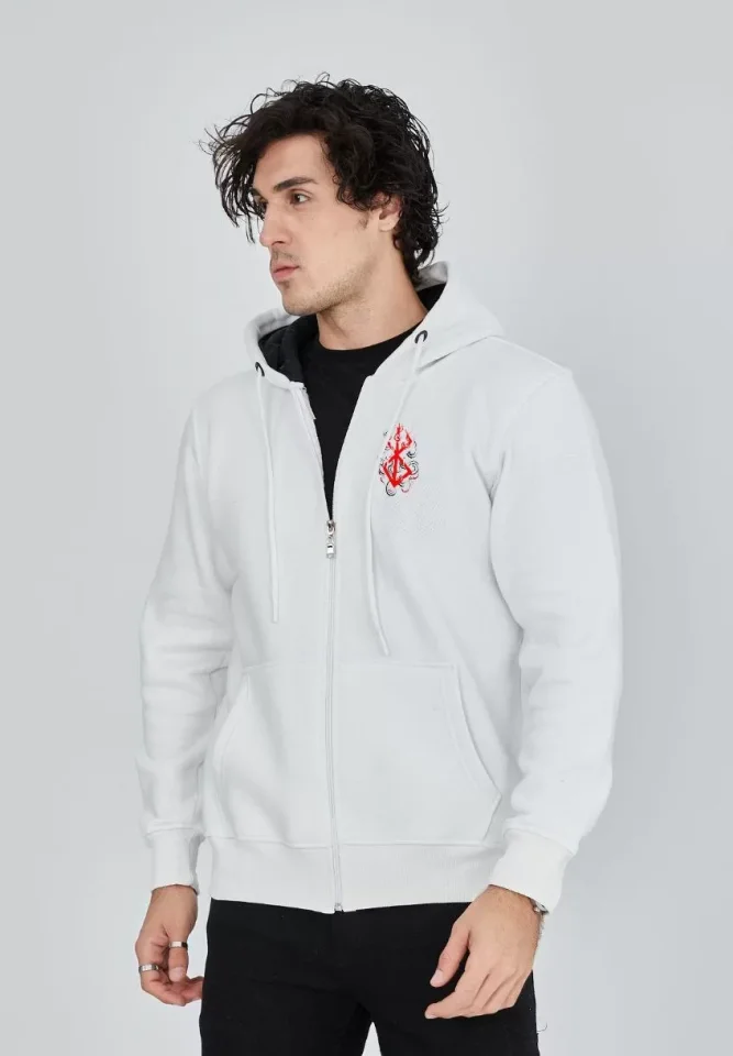 Unisex Baskılı Tam Fermuarlı Kapşonlu SweatShirt – Beyaz