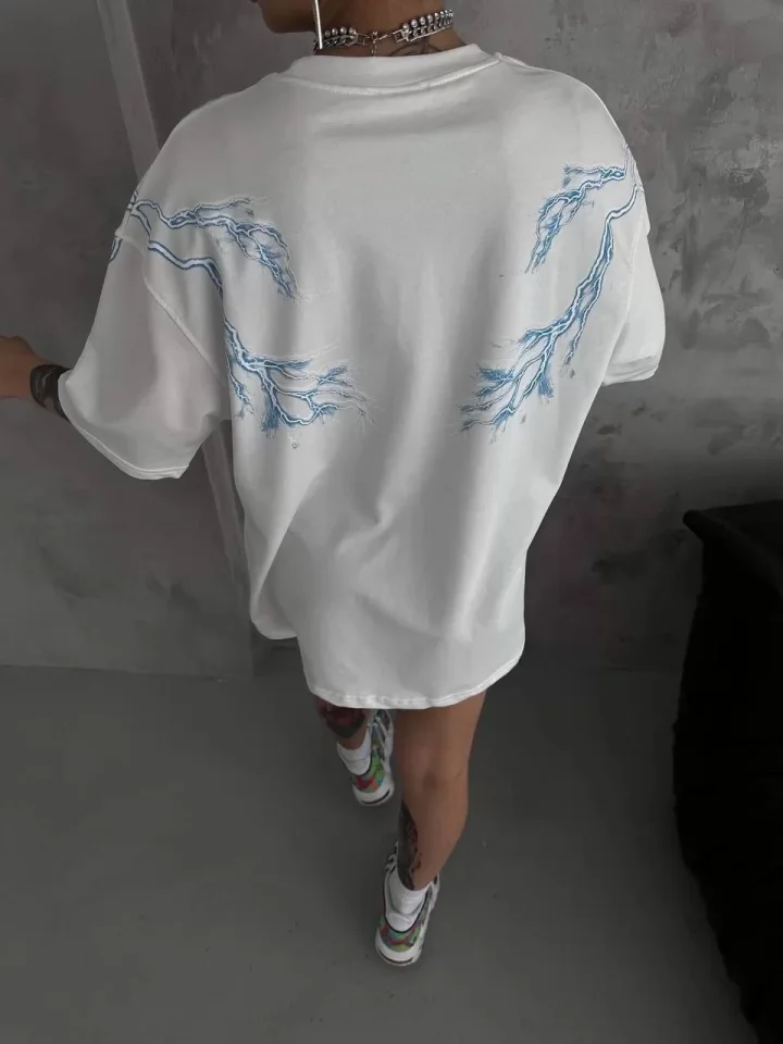Unisex Bisiklet Yaka Baskılı Oversize T-Shirt - Beyaz - Görsel 3