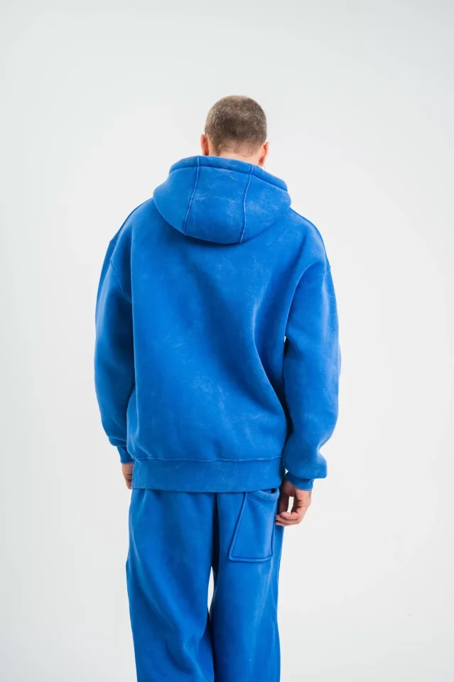 Unisex Double Oversize Kapşonlu Yıkamalı SweatShirt – Mavi