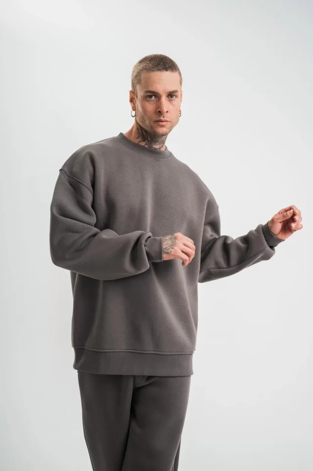 Uzun Kol Bisiklet Yaka Basic SweatShirt - Füme - Görsel 3