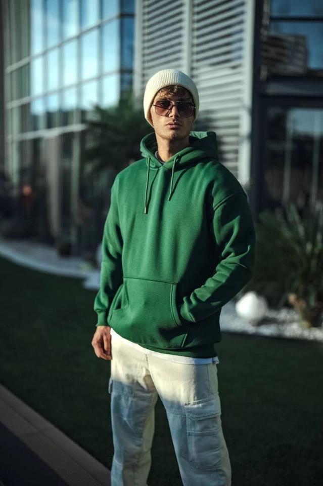 Üç İplik Penye Kapşonlu Basic SweatShirt – Haki