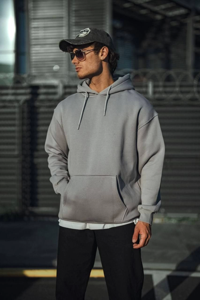Üç İplik Penye Kapşonlu Basic SweatShirt - Boyalı Gri - Görsel 3