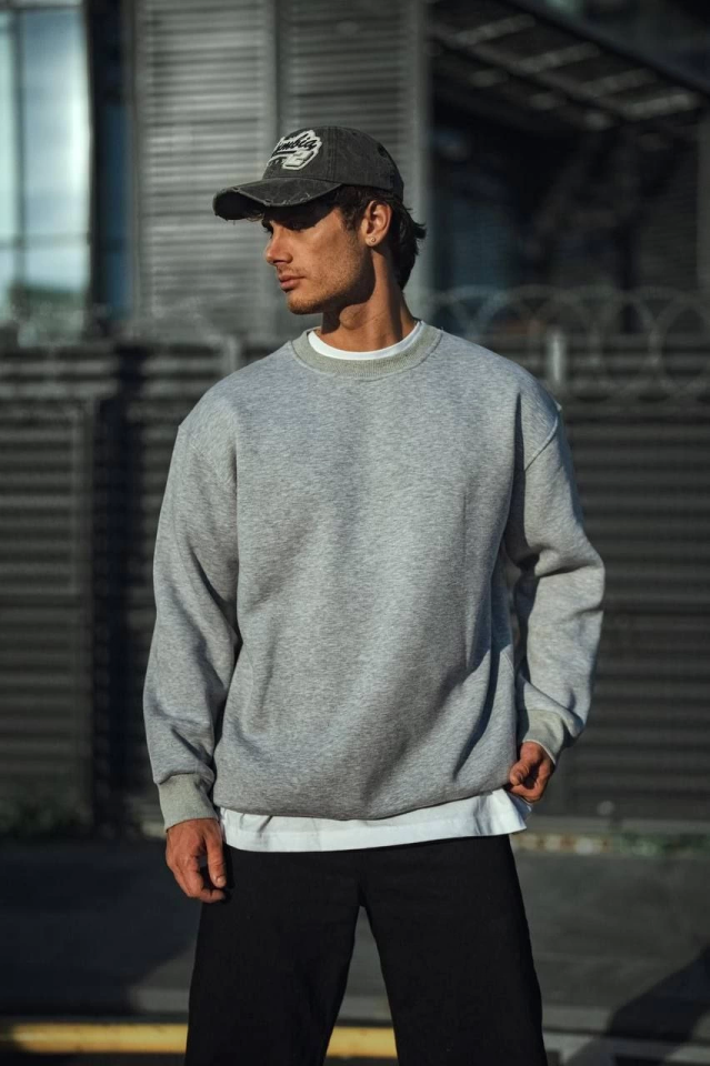 Kışlık Bisiklet Yaka Üç İplik Basic SweatShirt - Gri - Görsel 3