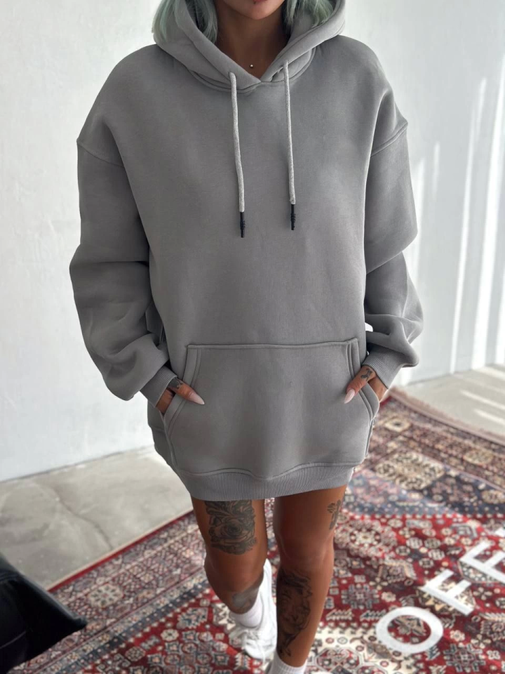Kapşonlu Üç İplik Penye Basic SweatShirt - Boyalı Gri - Görsel 2