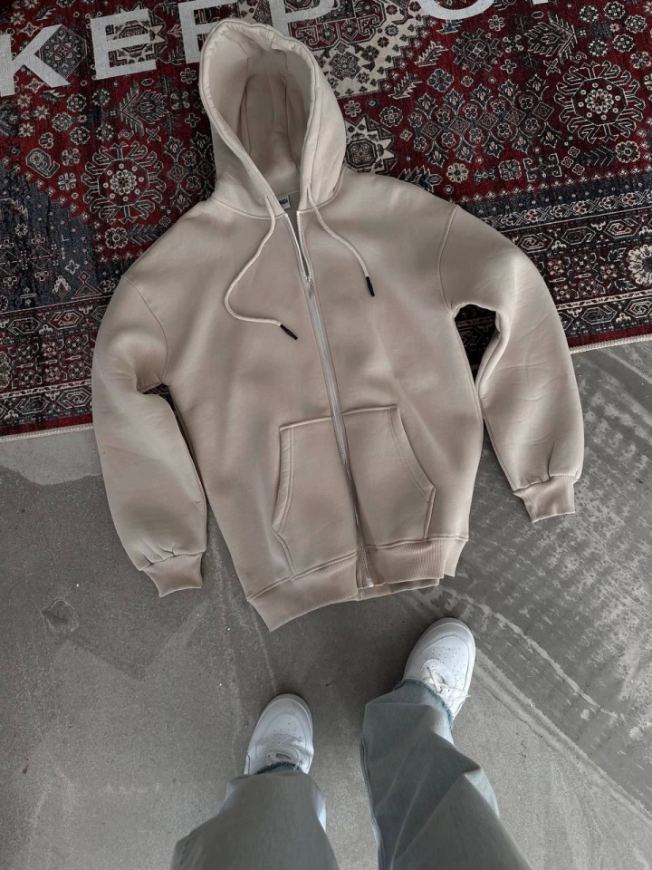 Oversize Tam Fermuarlı Uzun Kol Hırka – Bej