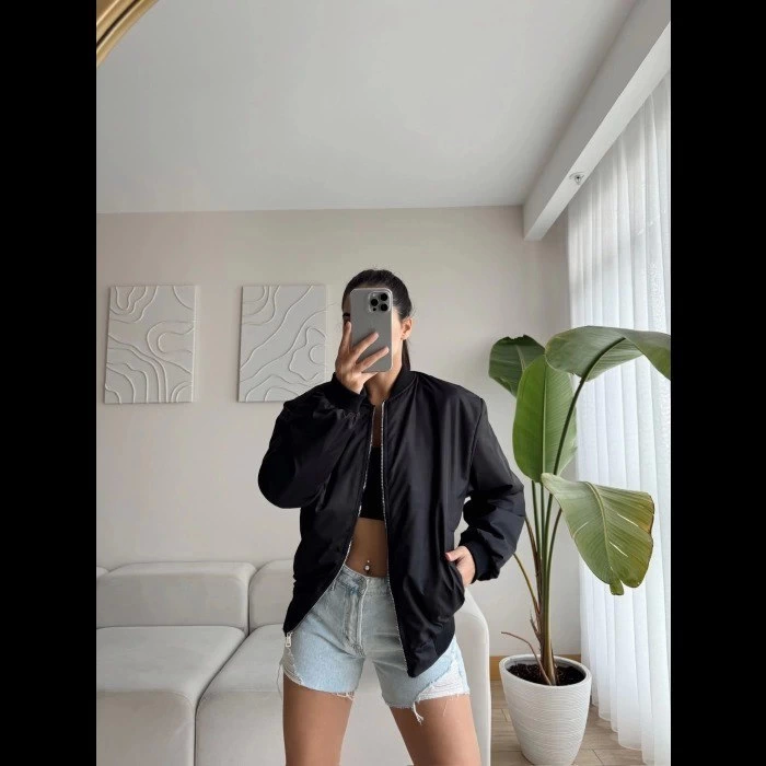 Unisex İçi Astarlı Düz Bomber Ceket – Siyah